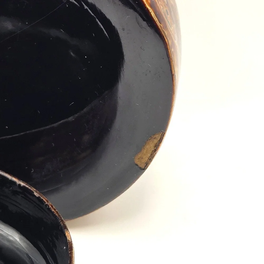 Vintage 1960s Laquered Wood Trinket Box Lidded Round Amber Brown Patterned Gloss
